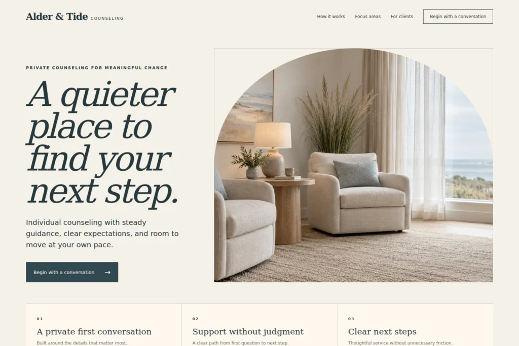 Alder & Tide Counseling concept: desktop homepage composition