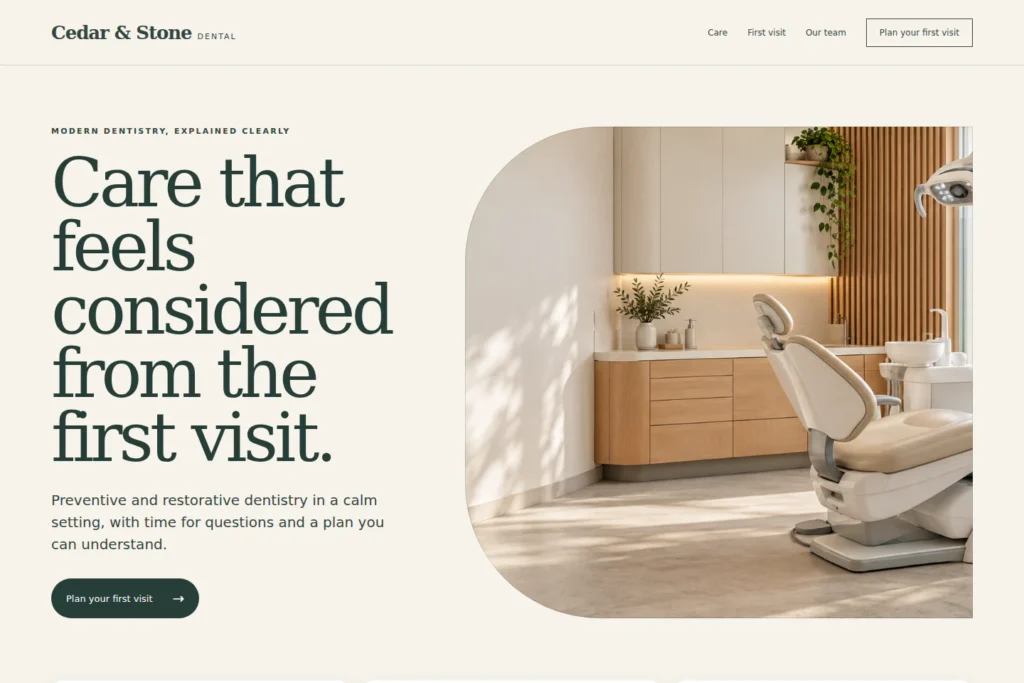 Cedar & Stone Dental concept: desktop homepage composition