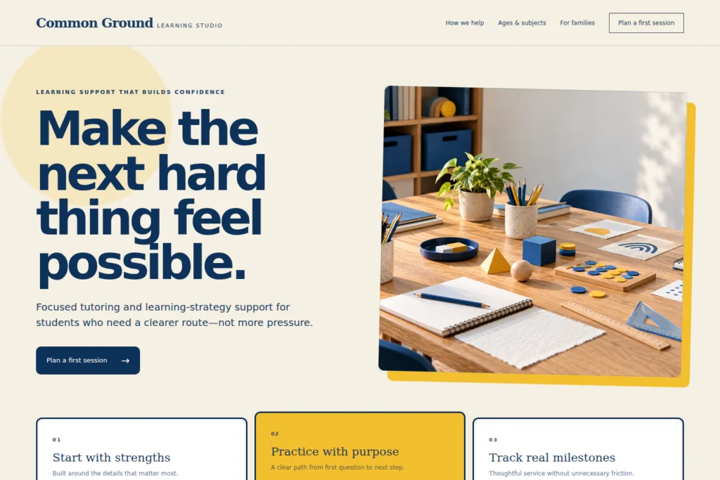 Common Ground Learning Studio concept: desktop homepage composition