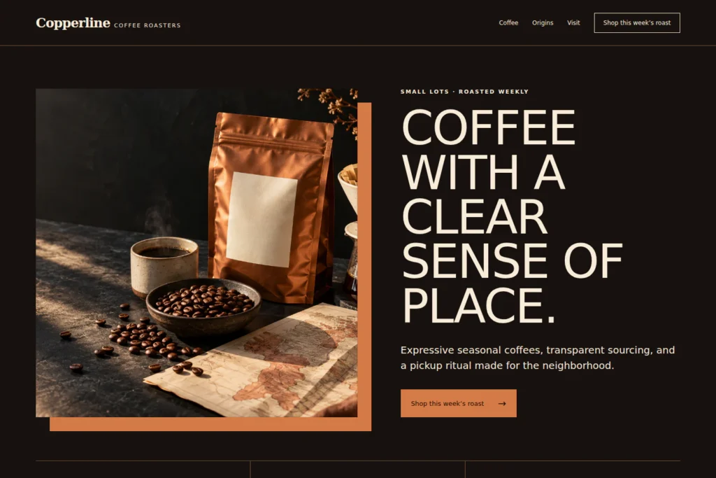Copperline Coffee Roasters concept: desktop homepage composition