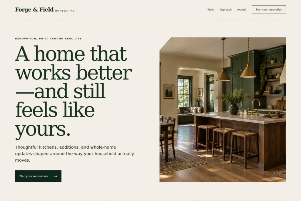 Forge & Field Homeworks concept: desktop homepage composition