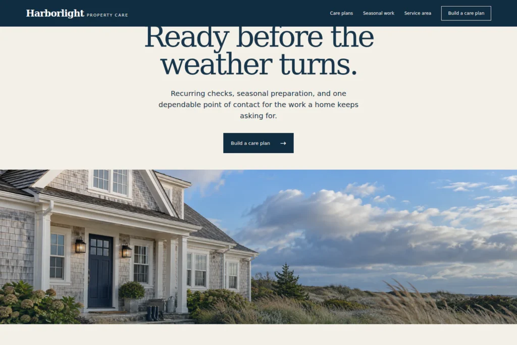 Harborlight Property Care concept: desktop homepage composition