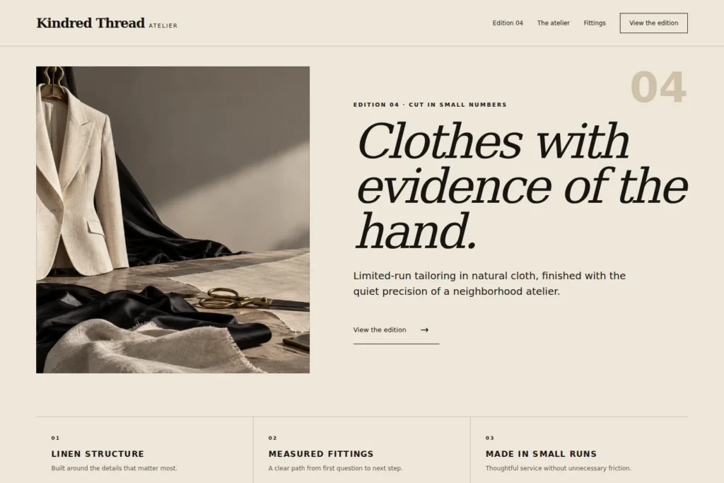Kindred Thread Atelier concept: desktop homepage composition