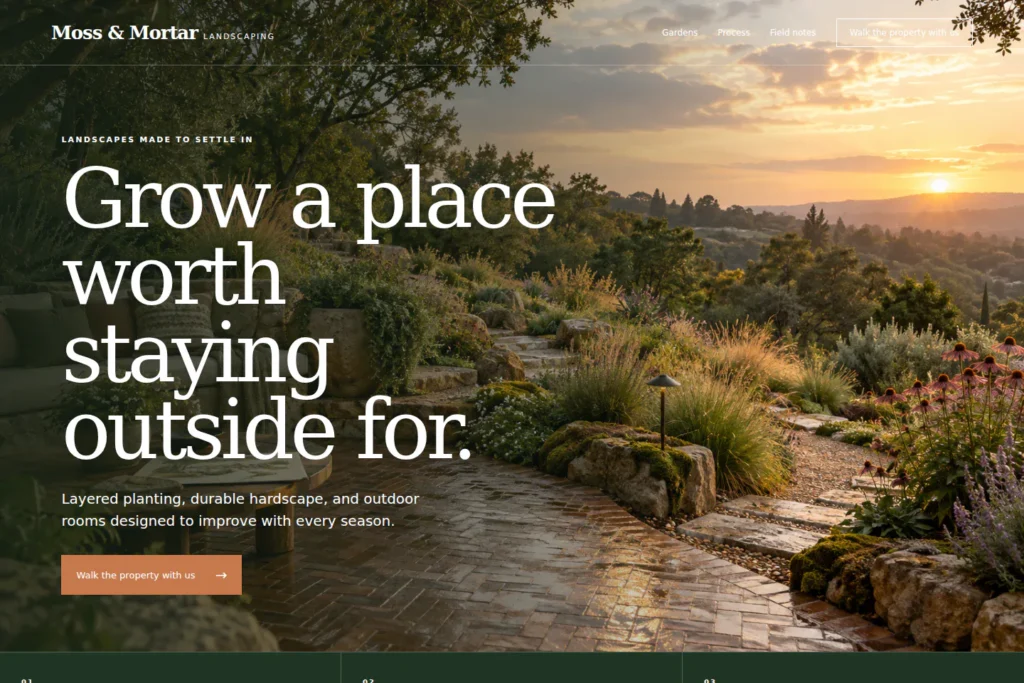 Moss & Mortar Landscaping concept: desktop homepage composition