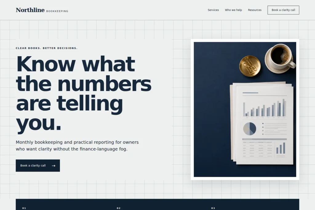 Northline Bookkeeping concept: desktop homepage composition