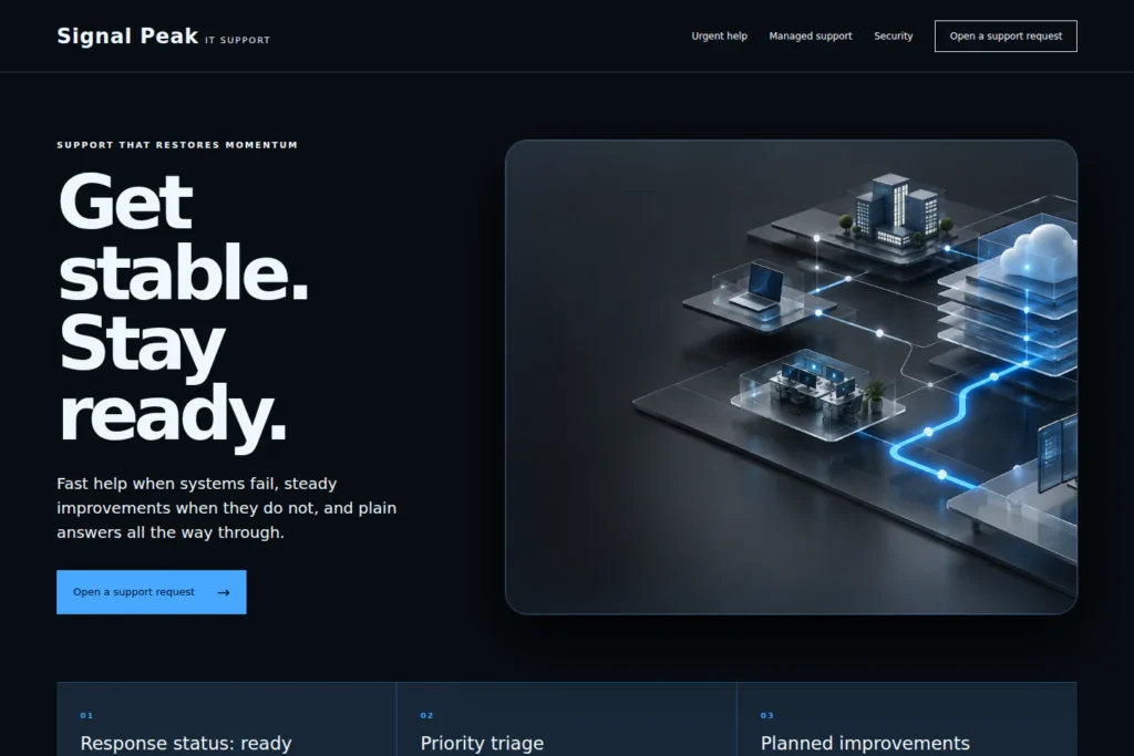 Signal Peak IT Support concept: desktop homepage composition